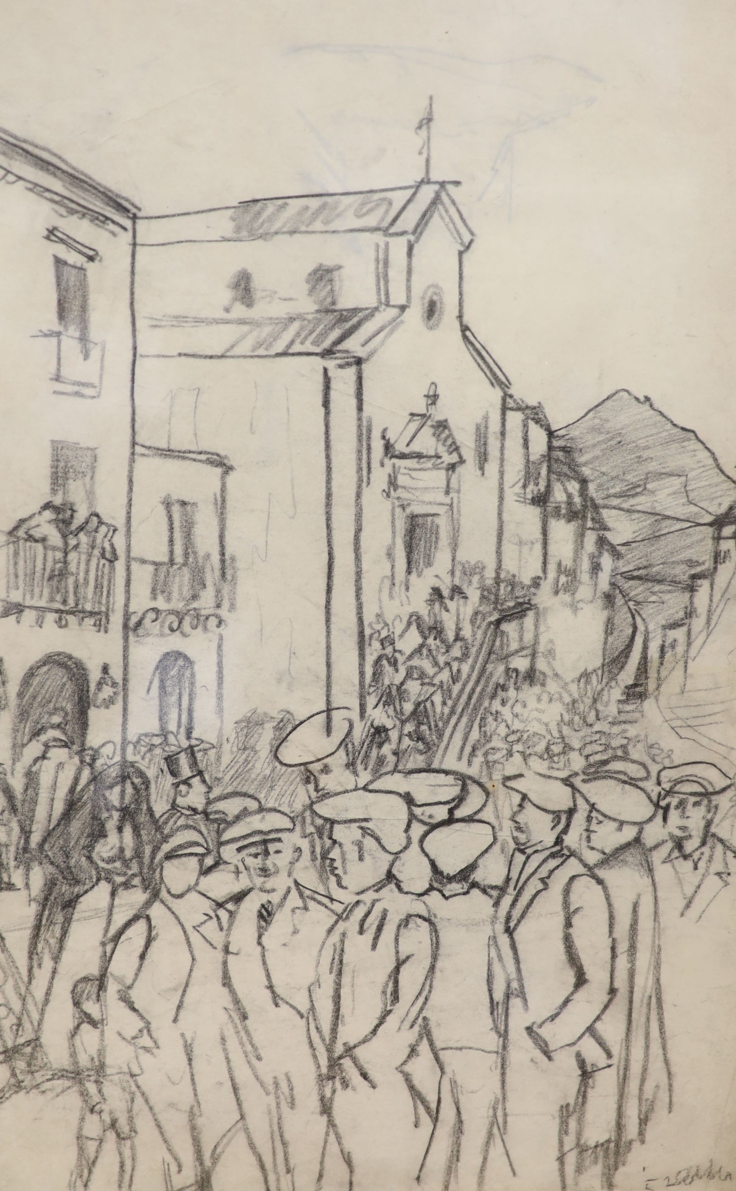 Modern British, pen and ink, abstract, inscribed ‘to Sergei from Harold’, 33 x24cm. A charcoal study street scene, a watercolour woodland scene and a 19th century landscape.